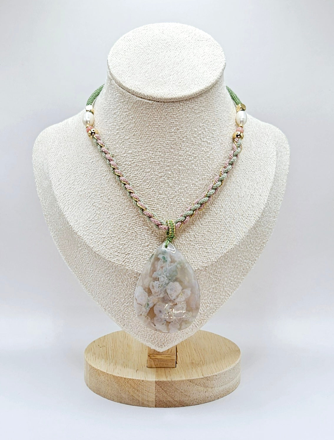🌸💧✨ TEARDROP FLOWER AGATE PENDANT | Green & Pink Natural Chord | Freshwater Pearls | Adjustable Boho Jewelry