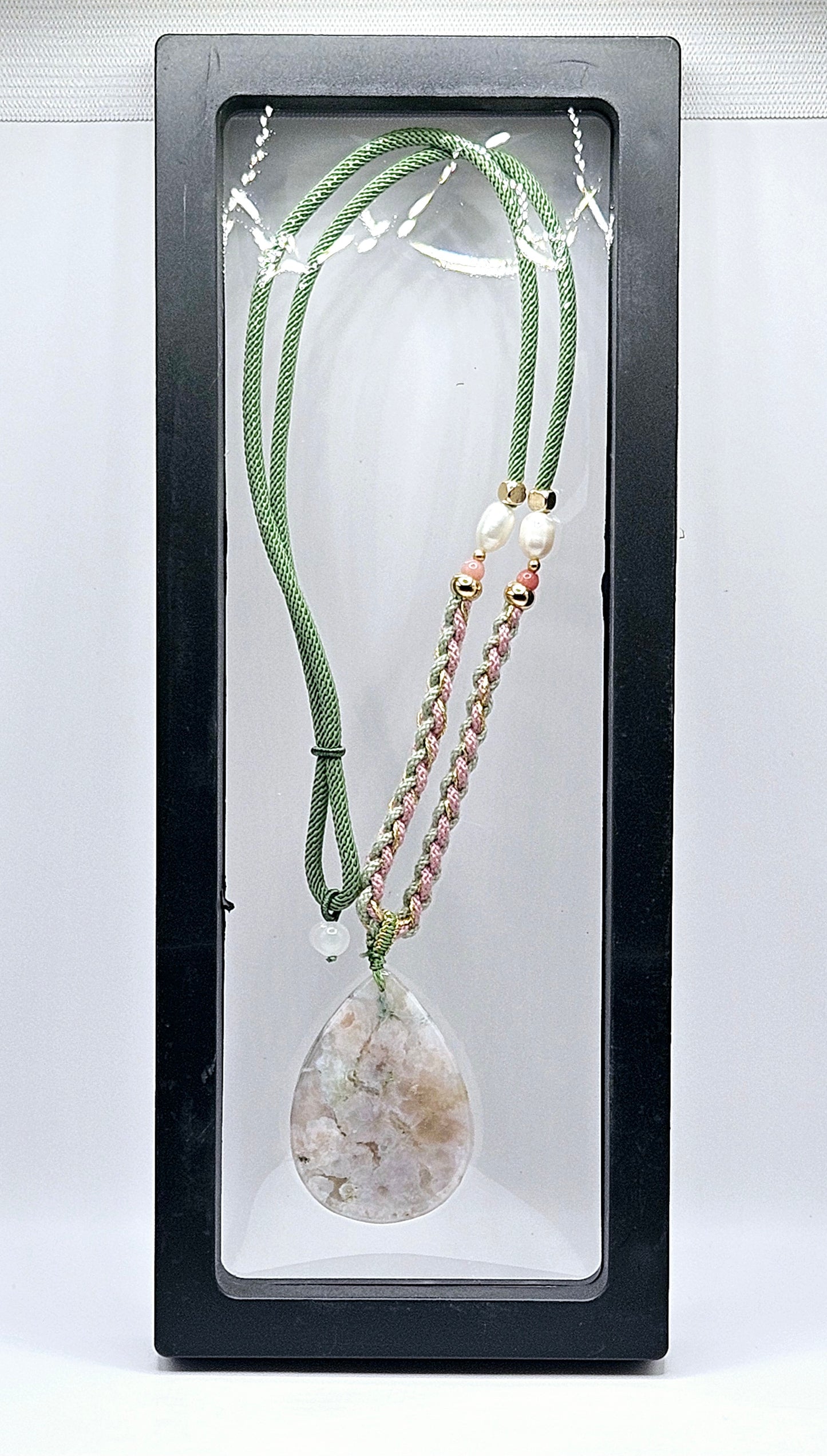 🌸💧✨ TEARDROP FLOWER AGATE PENDANT | Green & Pink Natural Chord | Freshwater Pearls | Adjustable Boho Jewelry