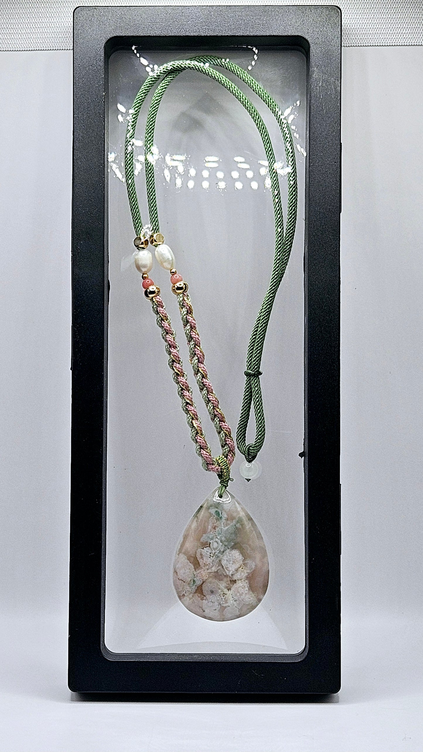 🌸💧✨ TEARDROP FLOWER AGATE PENDANT | Green & Pink Natural Chord | Freshwater Pearls | Adjustable Boho Jewelry
