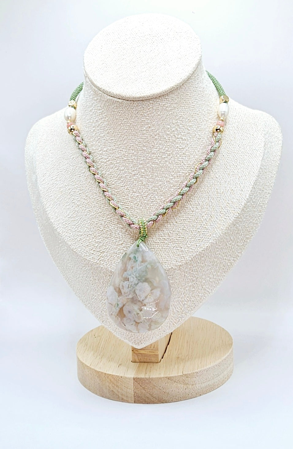 🌸💧✨ TEARDROP FLOWER AGATE PENDANT | Green & Pink Natural Chord | Freshwater Pearls | Adjustable Boho Jewelry
