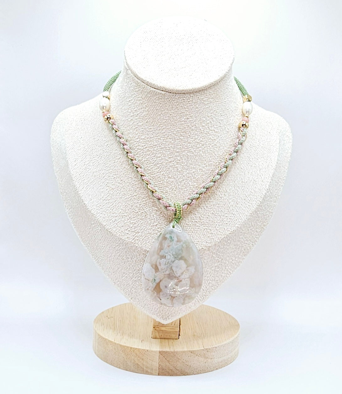 🌸💧✨ TEARDROP FLOWER AGATE PENDANT | Green & Pink Natural Chord | Freshwater Pearls | Adjustable Boho Jewelry