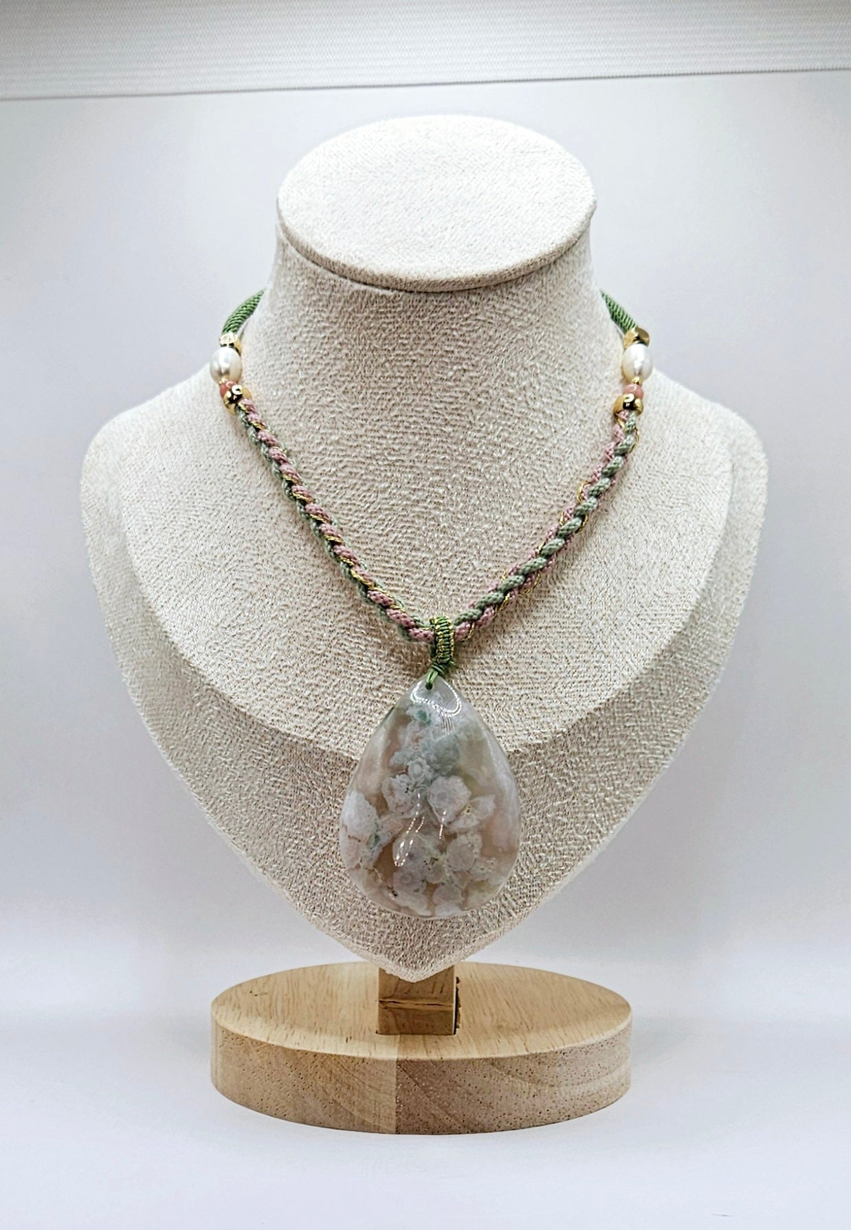 🌸💧✨ TEARDROP FLOWER AGATE PENDANT | Green & Pink Natural Chord | Freshwater Pearls | Adjustable Boho Jewelry