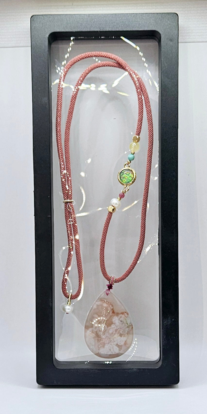 🌸💧✨ TEARDROP FLOWER AGATE PENDANT | Pink Natural Chord | Opal Charm & Agate Beads | 2.5" Boho Elegance