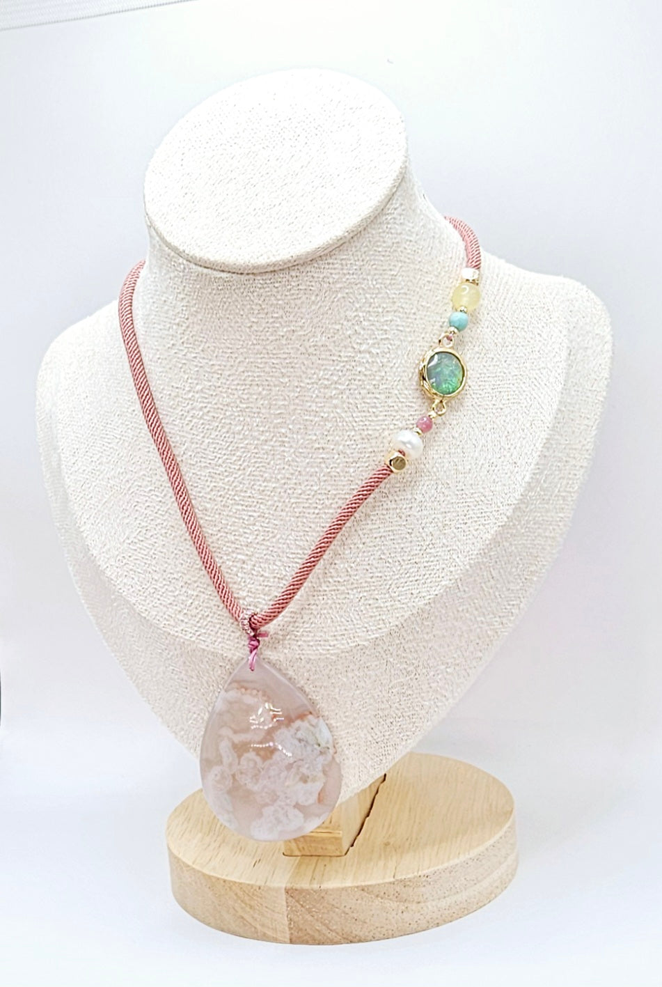 🌸💧✨ TEARDROP FLOWER AGATE PENDANT | Pink Natural Chord | Opal Charm & Agate Beads | 2.5" Boho Elegance