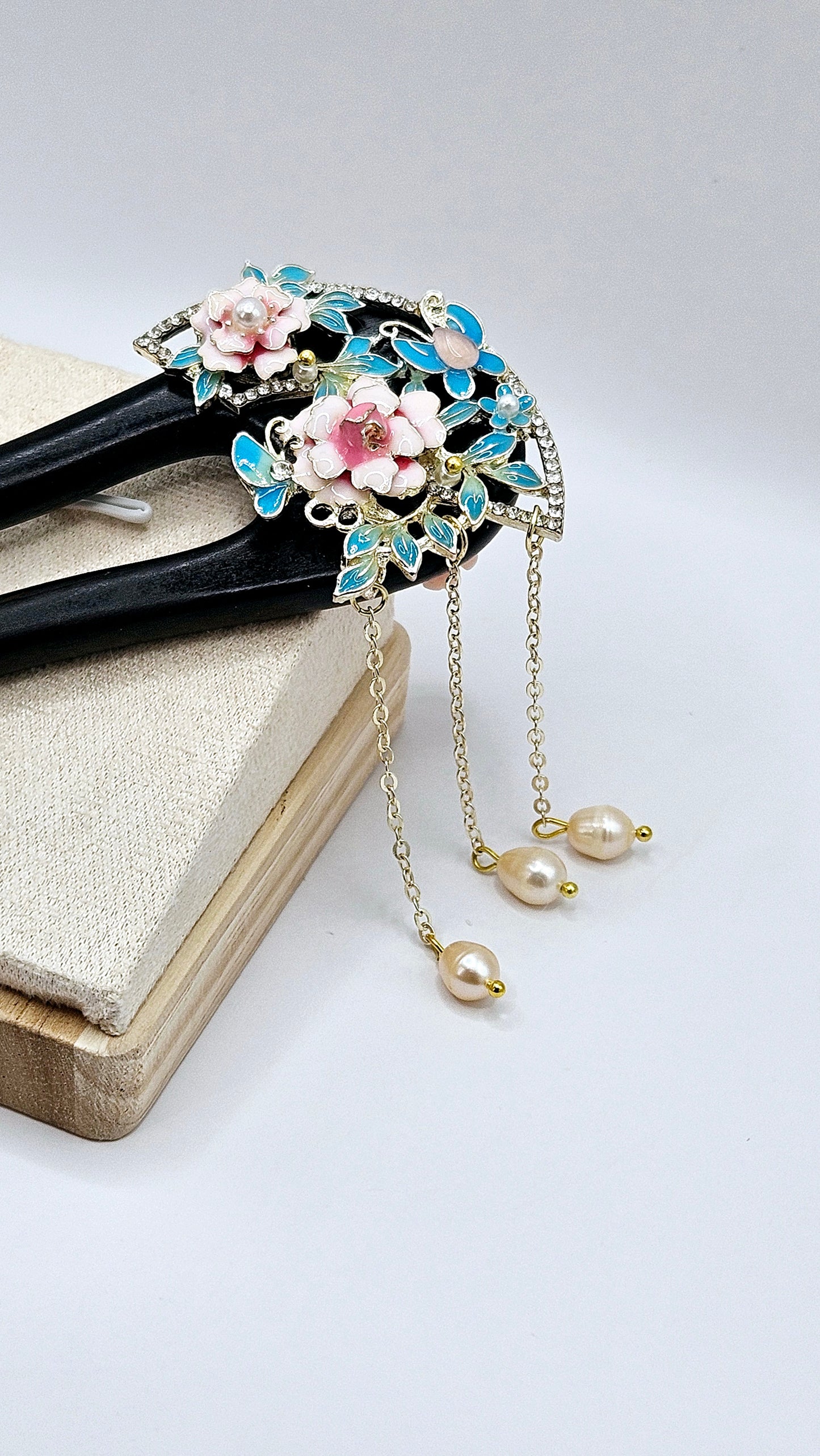 ON HOLD - 🌸✨ HANDMADE CHINESE BLACK WOOD HAIR PIN | Sakura Blossoms & Pearl Dangles | Double-Pin Design | Boho Elegance