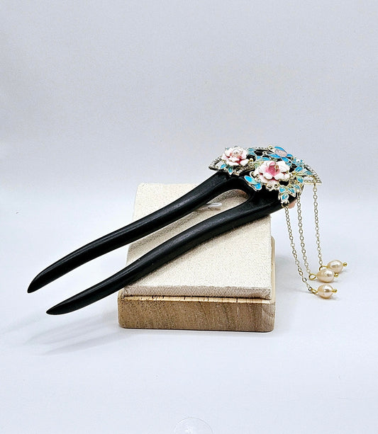 ON HOLD - 🌸✨ HANDMADE CHINESE BLACK WOOD HAIR PIN | Sakura Blossoms & Pearl Dangles | Double-Pin Design | Boho Elegance