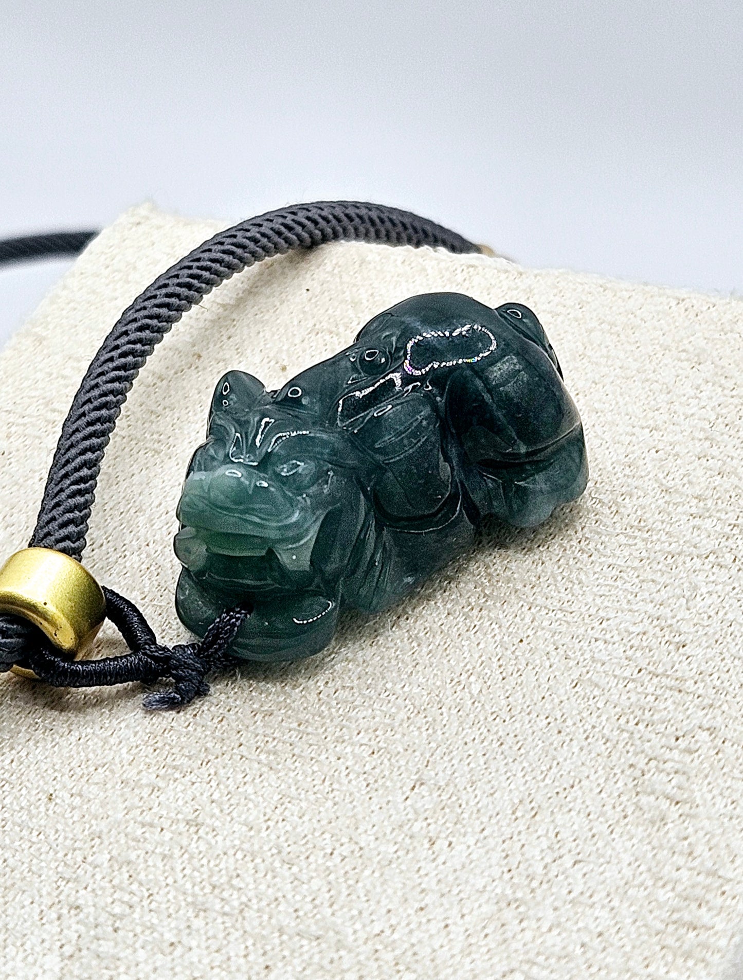 🐉✨ BLUE WATER JADE PIXIU PENDANT | Hand-Carved Protection Talisman | Grey Chord with Red Agate Beads | Adjustable Necklace