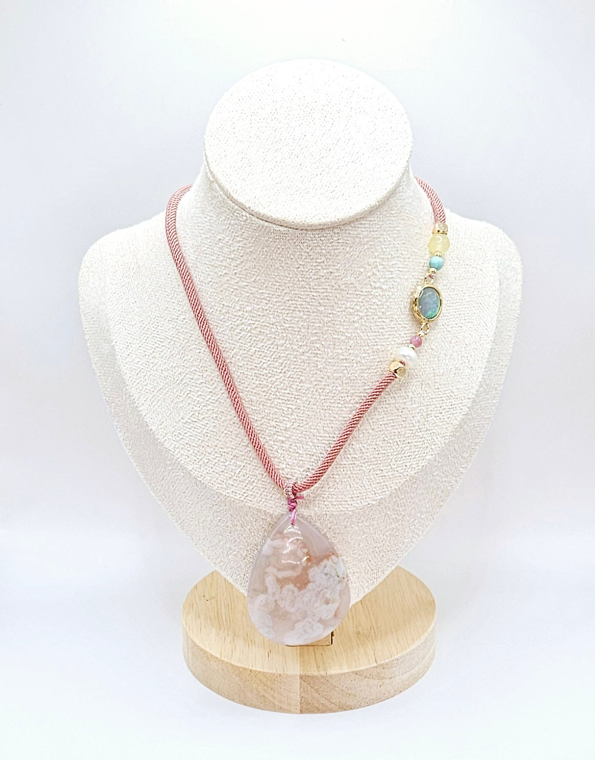 🌸💧✨ TEARDROP FLOWER AGATE PENDANT | Pink Natural Chord | Opal Charm & Agate Beads | 2.5" Boho Elegance