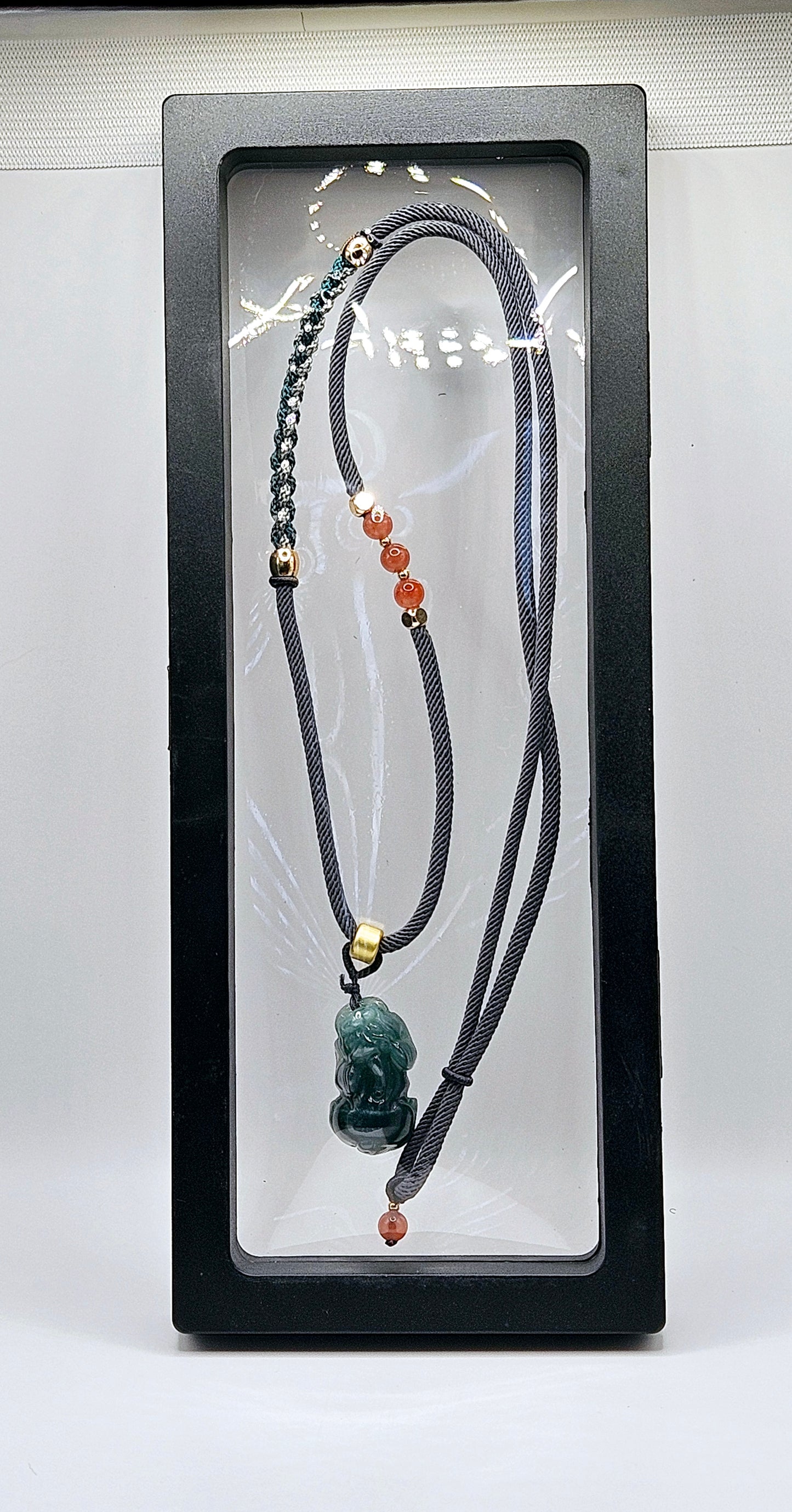 🐉✨ BLUE WATER JADE PIXIU PENDANT | Hand-Carved Protection Talisman | Grey Chord with Red Agate Beads | Adjustable Necklace