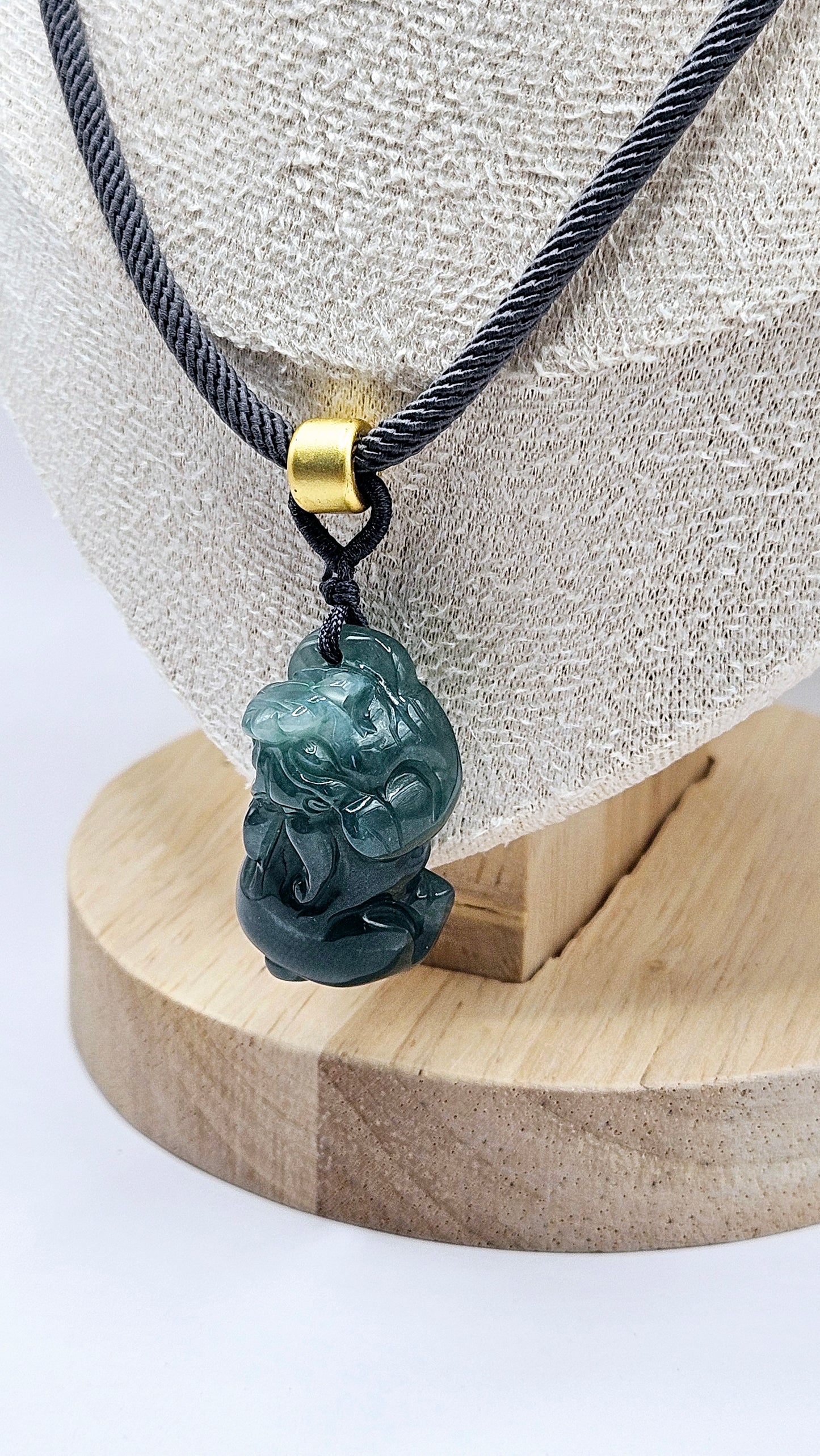 🐉✨ BLUE WATER JADE PIXIU PENDANT | Hand-Carved Protection Talisman | Grey Chord with Red Agate Beads | Adjustable Necklace