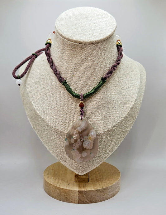 🌸💧 RARE Teardrop Flower Agate Pendant Necklace | Purple, Pink, & Green Natural Fiber | Jade & Red Agate Beads | 2.5” Healing Jewelry