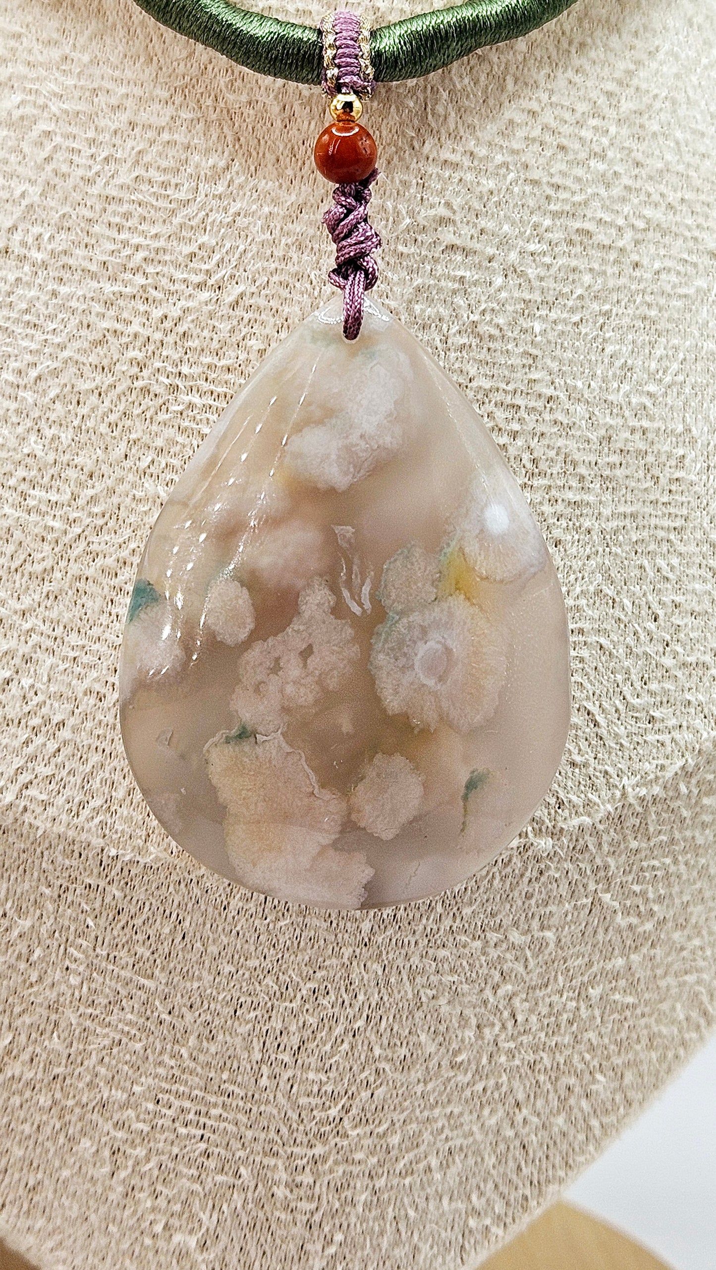 🌸💧 RARE Teardrop Flower Agate Pendant Necklace | Purple, Pink, & Green Natural Fiber | Jade & Red Agate Beads | 2.5” Healing Jewelry