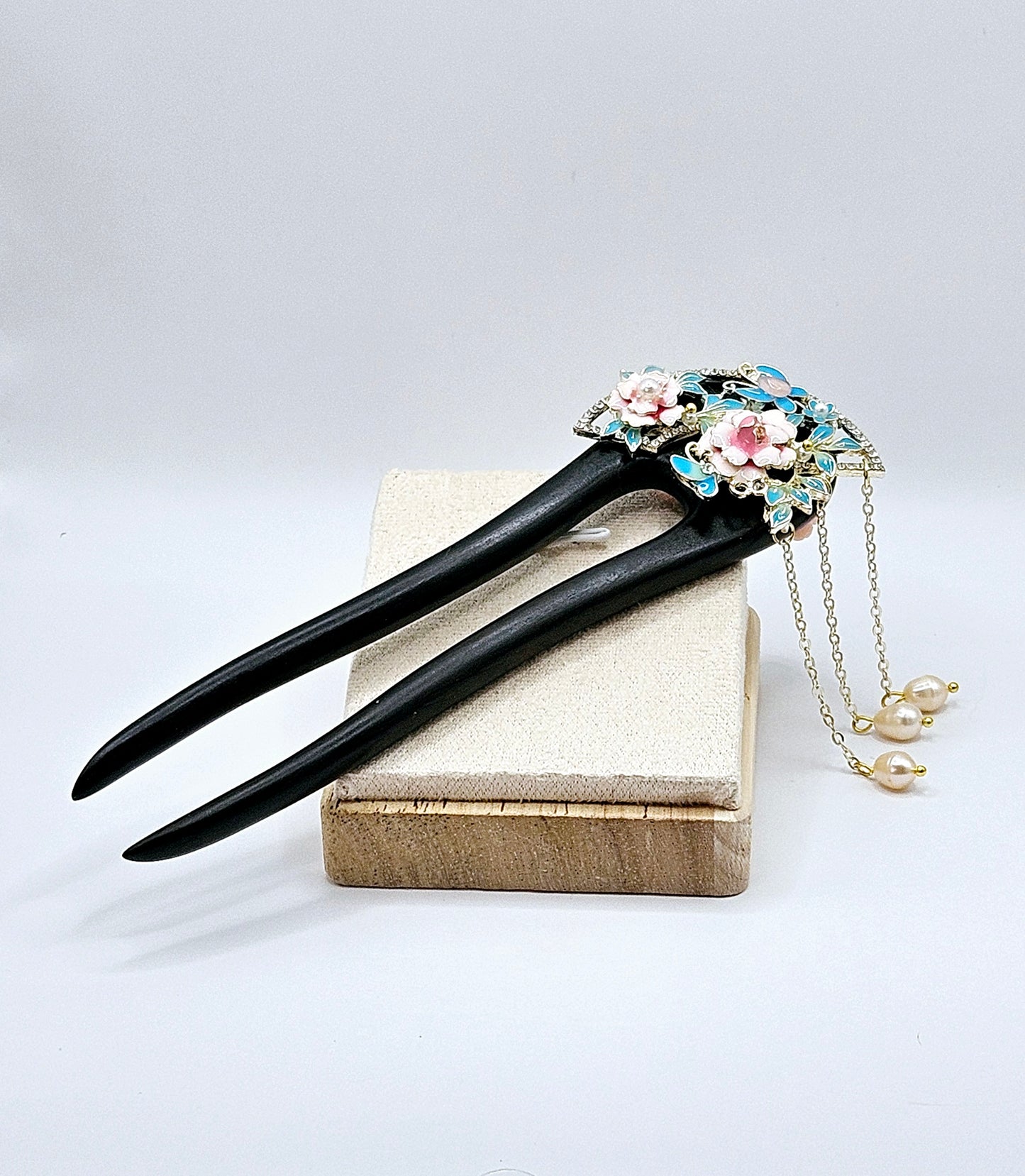 ON HOLD - 🌸✨ HANDMADE CHINESE BLACK WOOD HAIR PIN | Sakura Blossoms & Pearl Dangles | Double-Pin Design | Boho Elegance