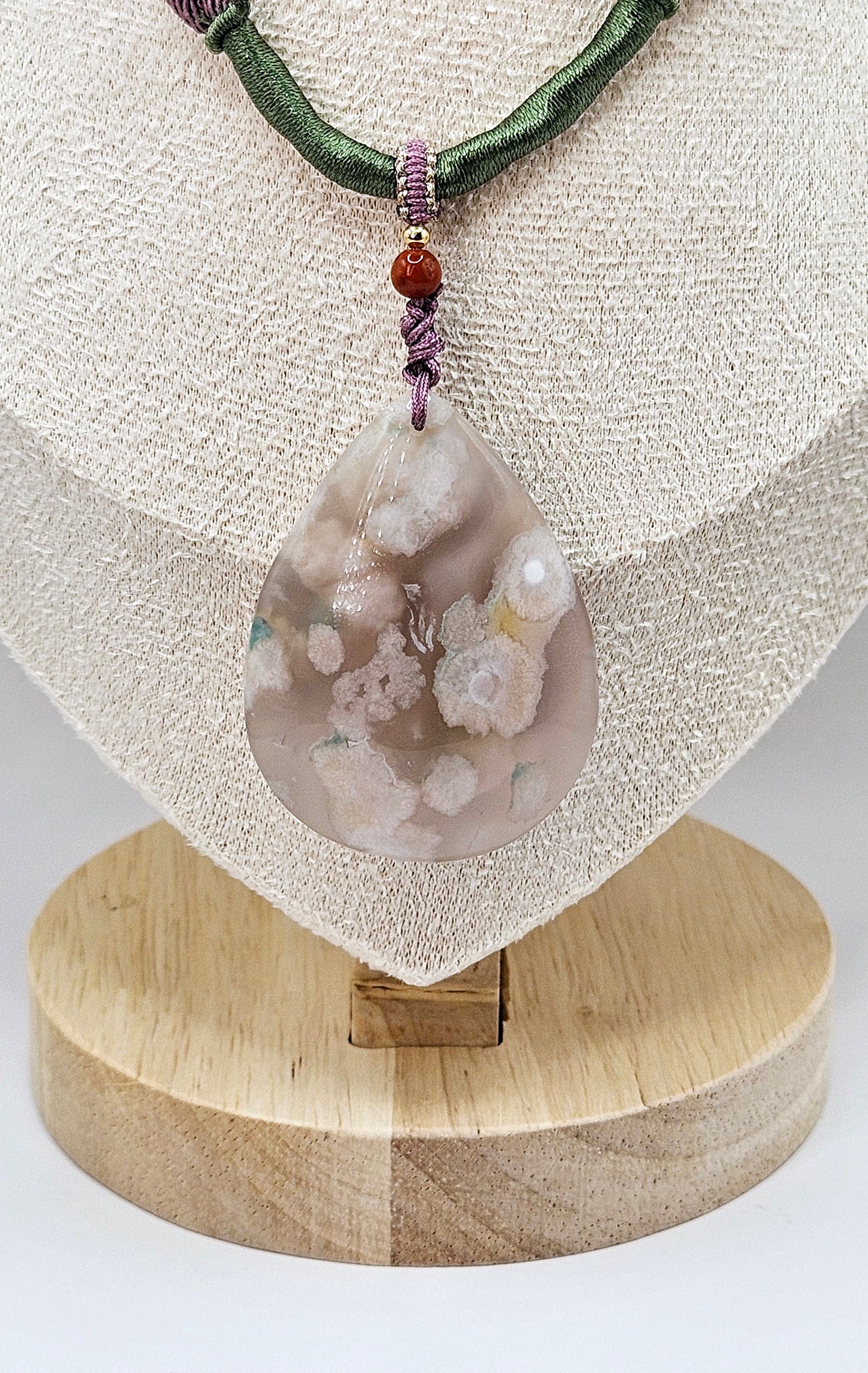 🌸💧 RARE Teardrop Flower Agate Pendant Necklace | Purple, Pink, & Green Natural Fiber | Jade & Red Agate Beads | 2.5” Healing Jewelry