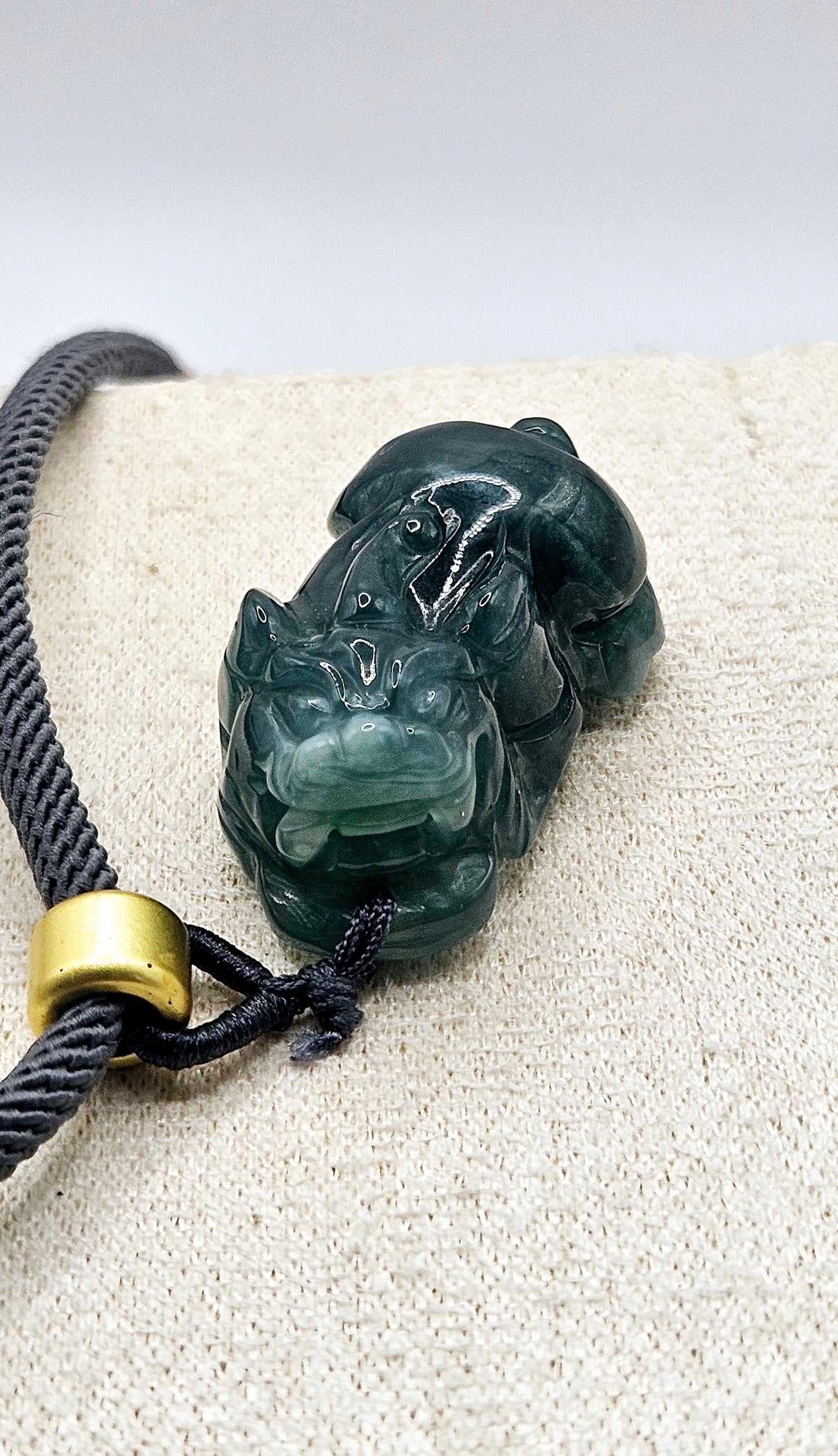 🐉✨ BLUE WATER JADE PIXIU PENDANT | Hand-Carved Protection Talisman | Grey Chord with Red Agate Beads | Adjustable Necklace