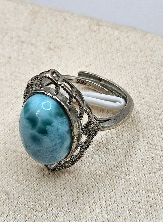 🌊✨ LARGE OVAL LARIMAR RING | .925 Sterling Silver | Adjustable Vintage Style Jewelry