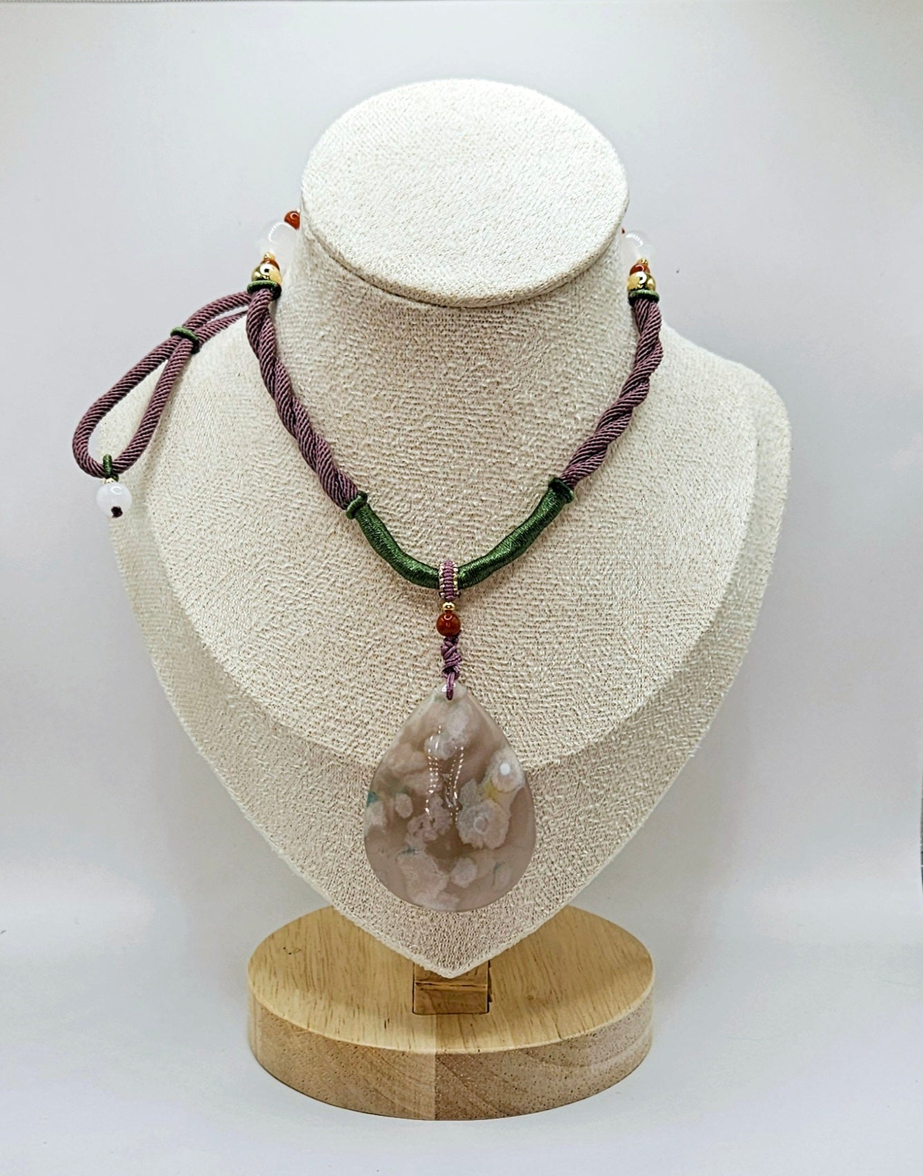 🌸💧 RARE Teardrop Flower Agate Pendant Necklace | Purple, Pink, & Green Natural Fiber | Jade & Red Agate Beads | 2.5” Healing Jewelry