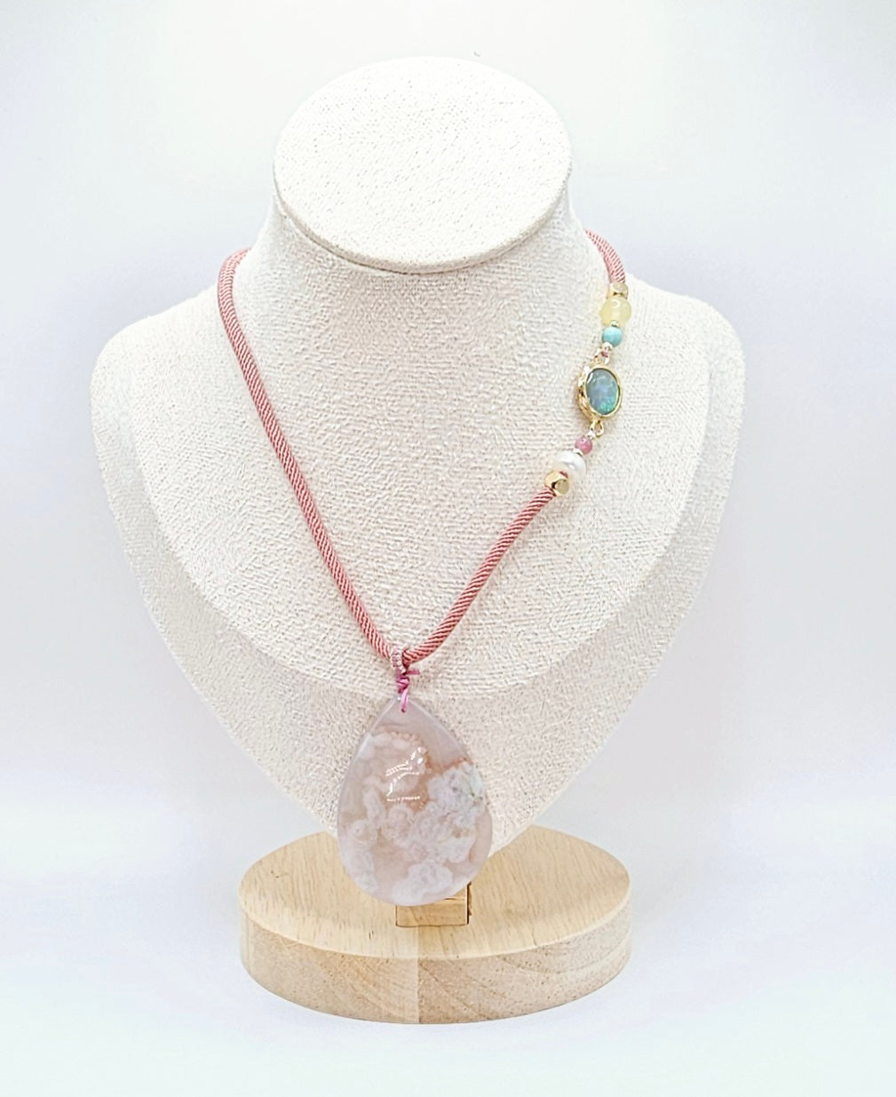 🌸💧✨ TEARDROP FLOWER AGATE PENDANT | Pink Natural Chord | Opal Charm & Agate Beads | 2.5" Boho Elegance