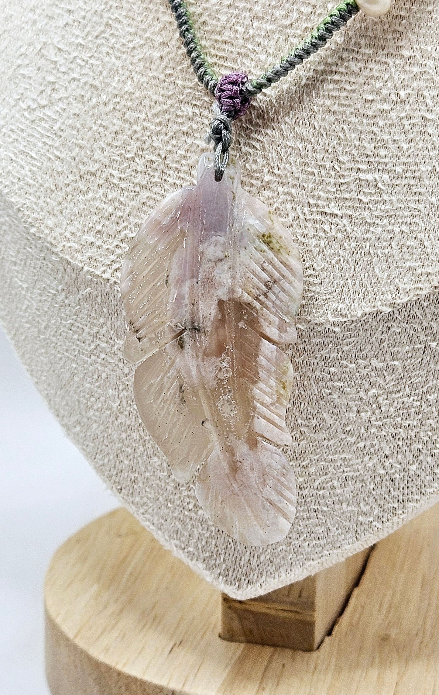 ON HOLD - 🌸✨ RARE Flower Agate Feather Pendant Necklace | Natural Volcanic Gemstone | Freshwater Pearls | 2.5" Boho Jewelry