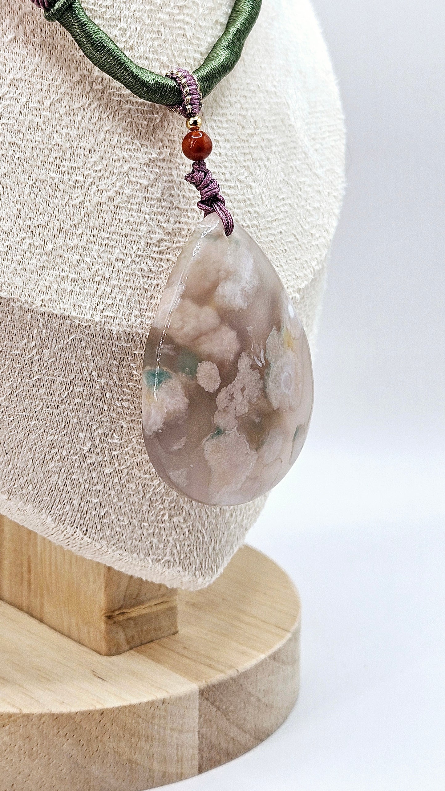 🌸💧 RARE Teardrop Flower Agate Pendant Necklace | Purple, Pink, & Green Natural Fiber | Jade & Red Agate Beads | 2.5” Healing Jewelry