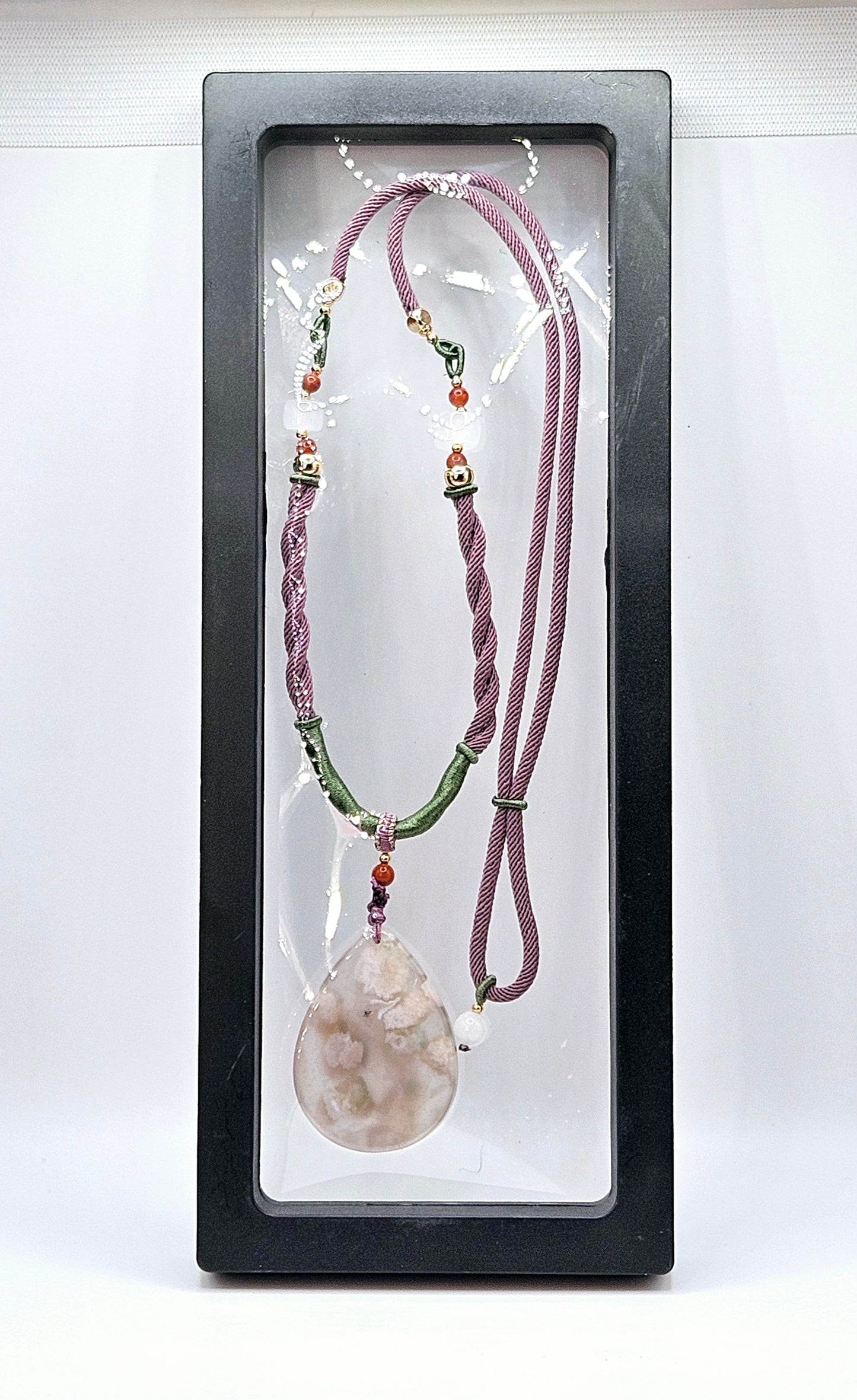 🌸💧 RARE Teardrop Flower Agate Pendant Necklace | Purple, Pink, & Green Natural Fiber | Jade & Red Agate Beads | 2.5” Healing Jewelry