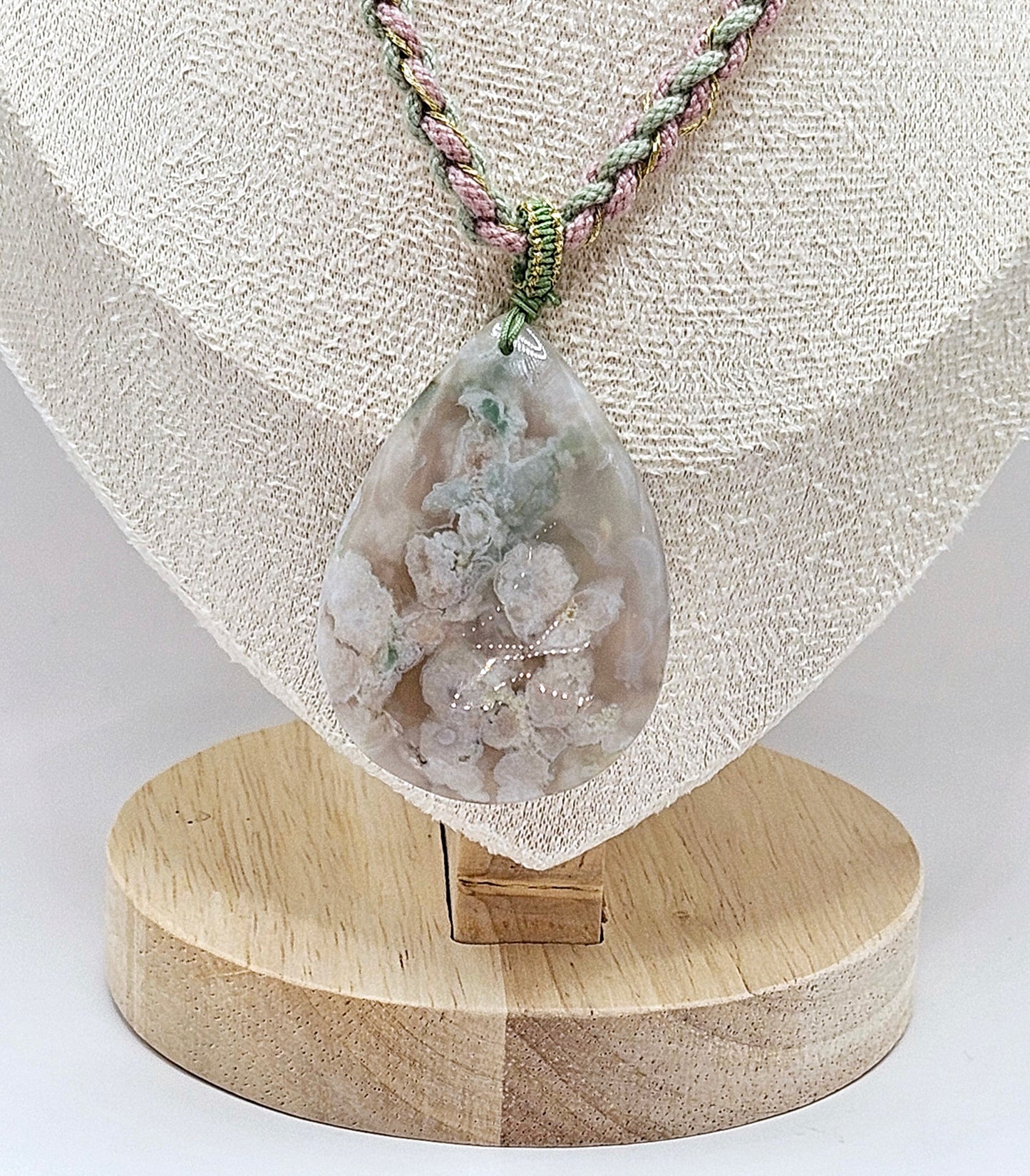 🌸💧✨ TEARDROP FLOWER AGATE PENDANT | Green & Pink Natural Chord | Freshwater Pearls | Adjustable Boho Jewelry  