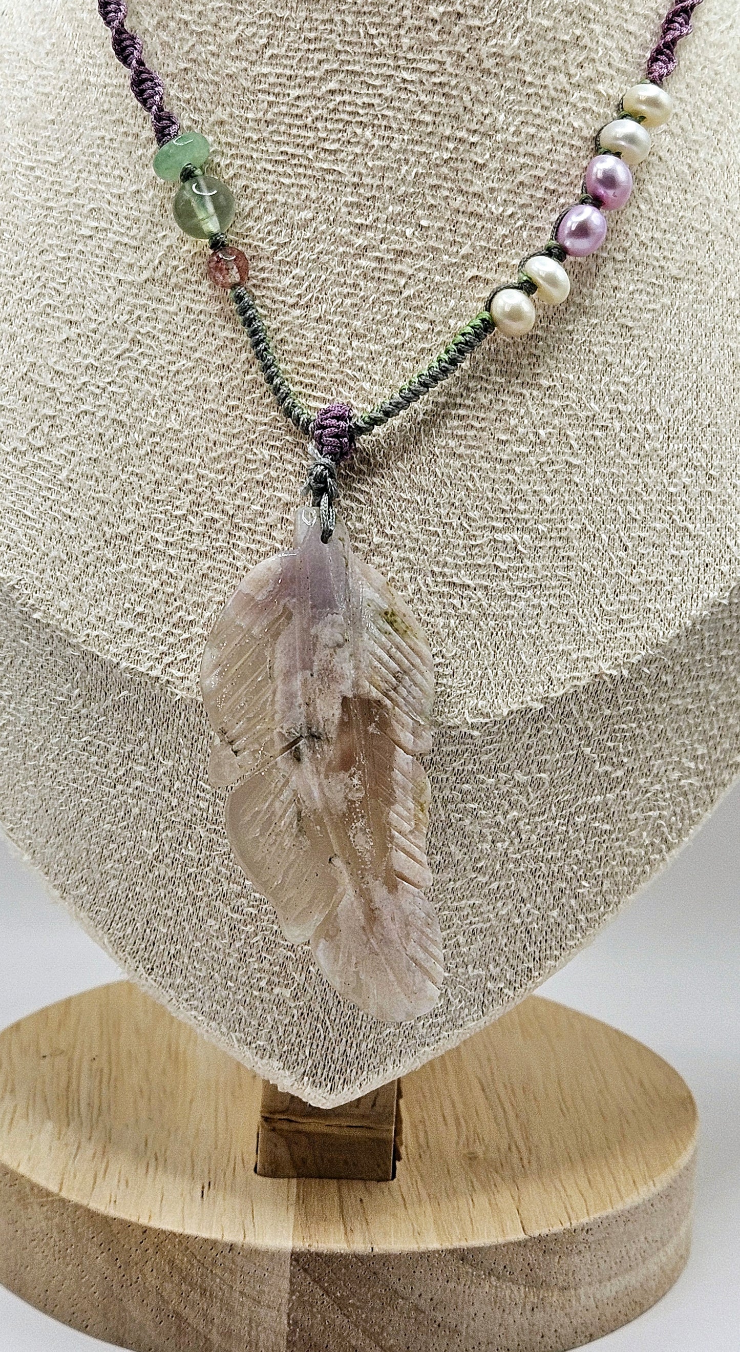 ON HOLD - 🌸✨ RARE Flower Agate Feather Pendant Necklace | Natural Volcanic Gemstone | Freshwater Pearls | 2.5" Boho Jewelry