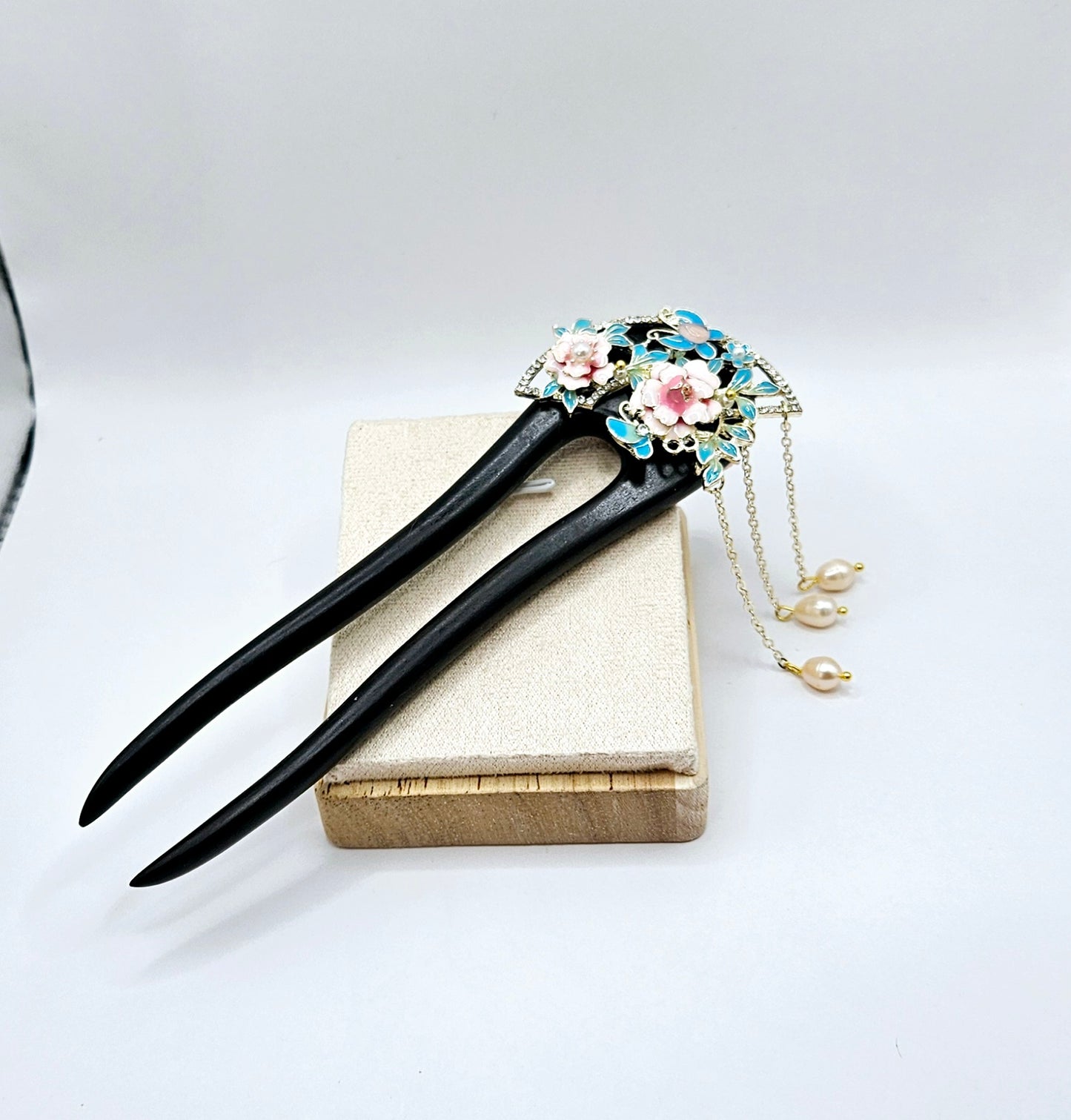 ON HOLD - 🌸✨ HANDMADE CHINESE BLACK WOOD HAIR PIN | Sakura Blossoms & Pearl Dangles | Double-Pin Design | Boho Elegance