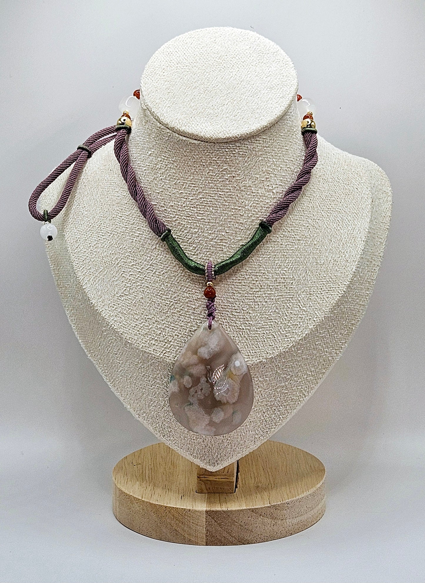 🌸💧 RARE Teardrop Flower Agate Pendant Necklace | Purple, Pink, & Green Natural Fiber | Jade & Red Agate Beads | 2.5” Healing Jewelry