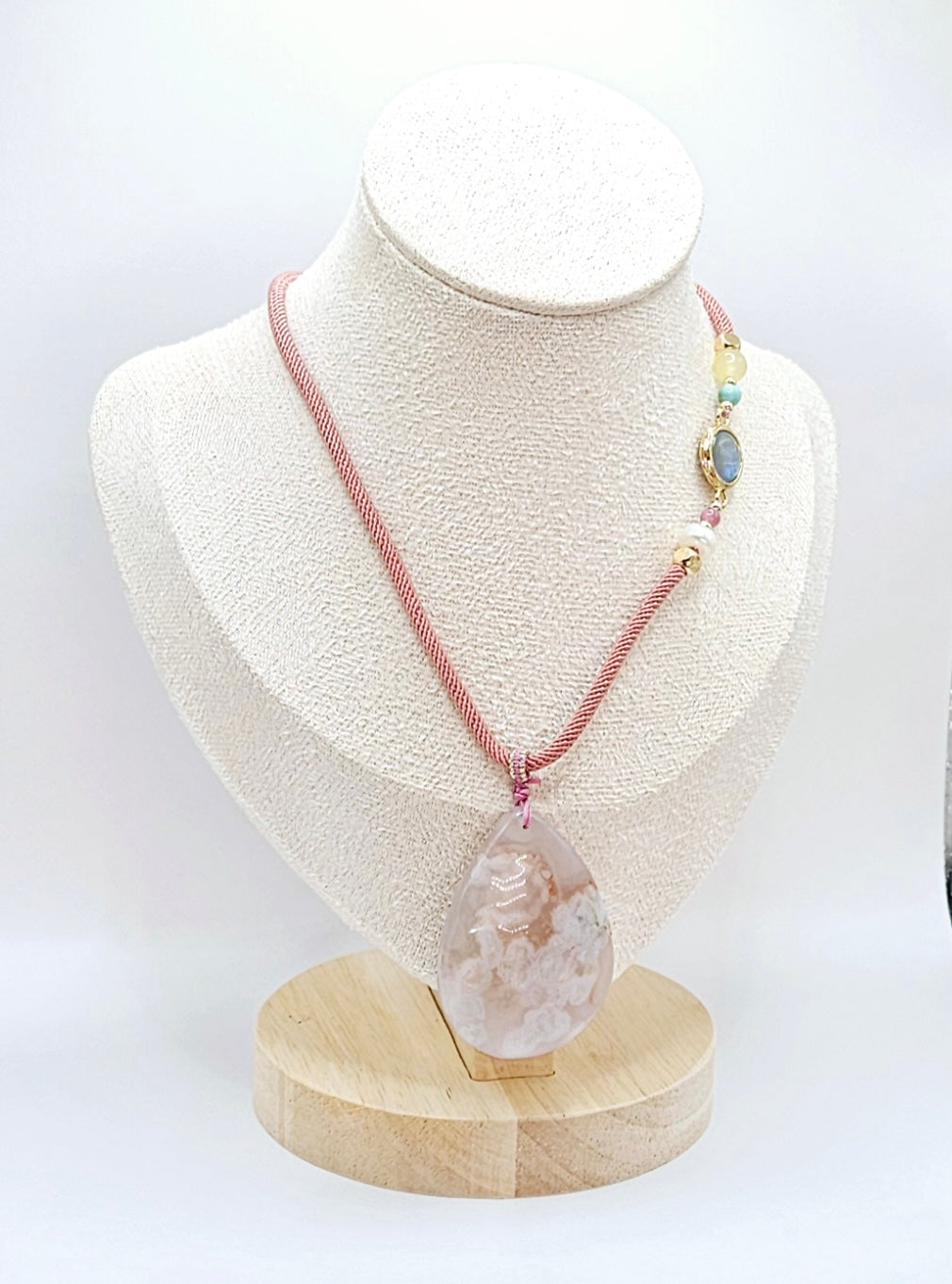 🌸💧✨ TEARDROP FLOWER AGATE PENDANT | Pink Natural Chord | Opal Charm & Agate Beads | 2.5" Boho Elegance