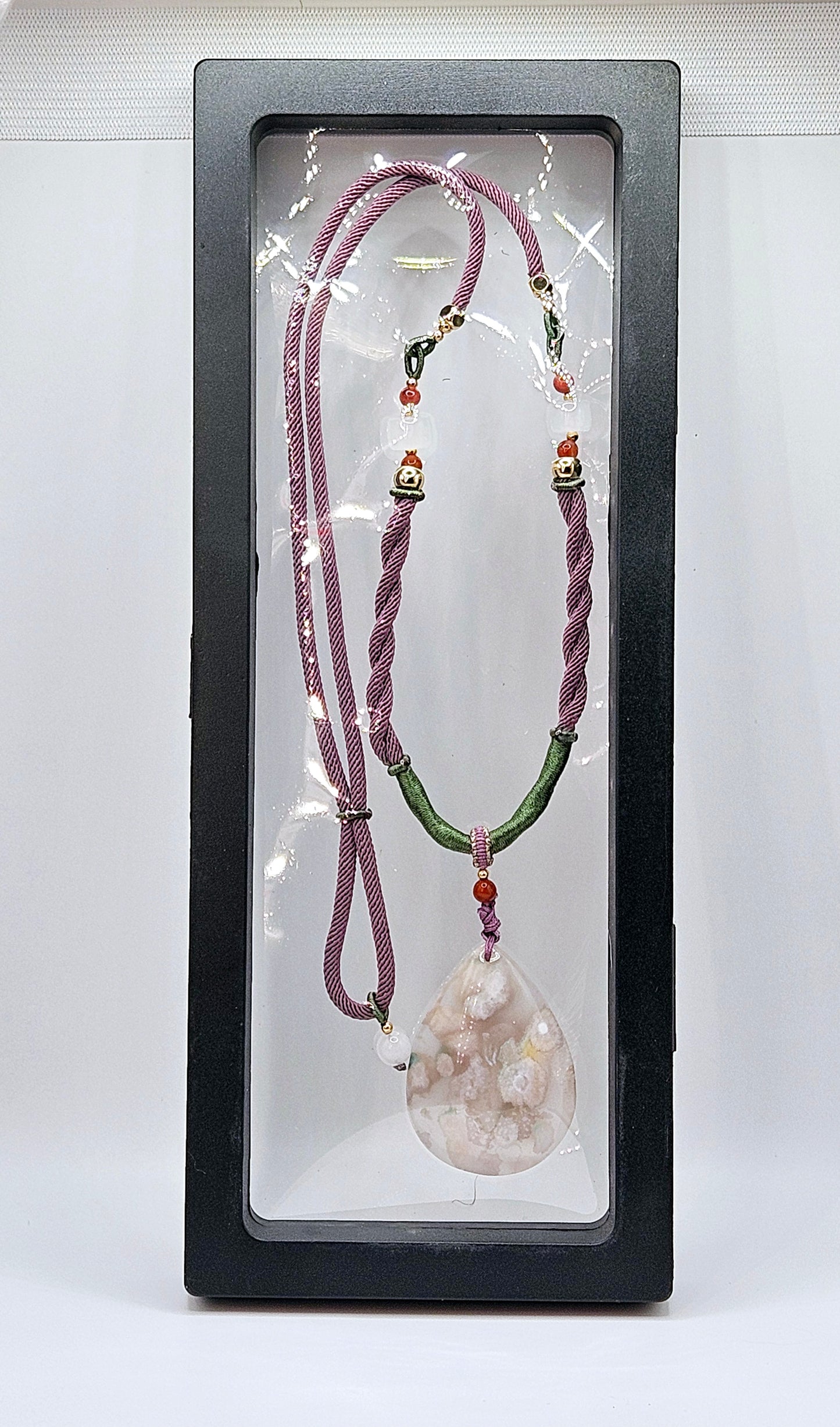 🌸💧 RARE Teardrop Flower Agate Pendant Necklace | Purple, Pink, & Green Natural Fiber | Jade & Red Agate Beads | 2.5” Healing Jewelry