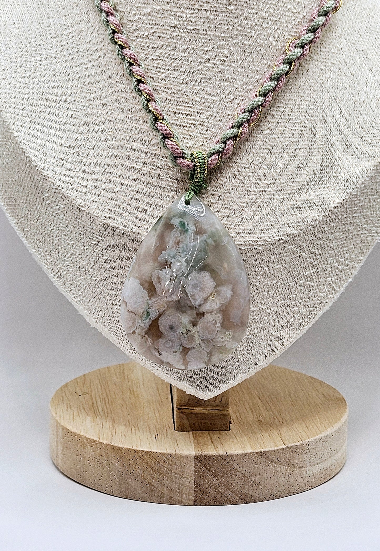 🌸💧✨ TEARDROP FLOWER AGATE PENDANT | Green & Pink Natural Chord | Freshwater Pearls | Adjustable Boho Jewelry  